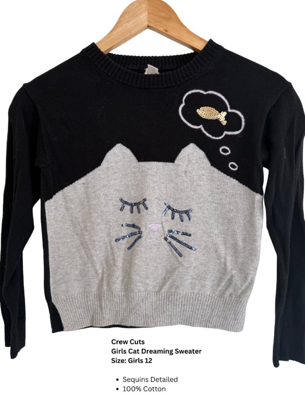 Crew Cuts Girls 12 Cat Sweater Black Gray Sequin Graphic 100% Cotton
